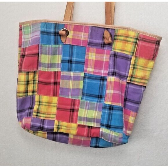Talbots Handbags - TALBOTS Quilted multicolored Plaid large Shoulder Tote Bag Pockets leather strap